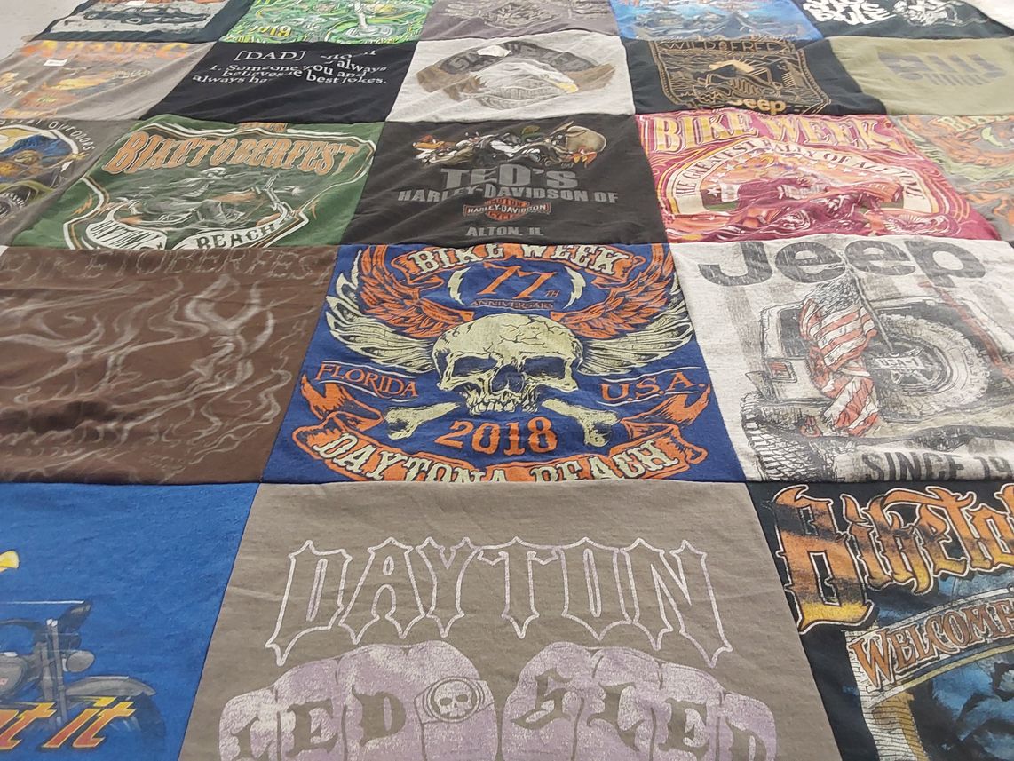 T-shirt quilt with motorcycles, biking themes by Sabrina from FL