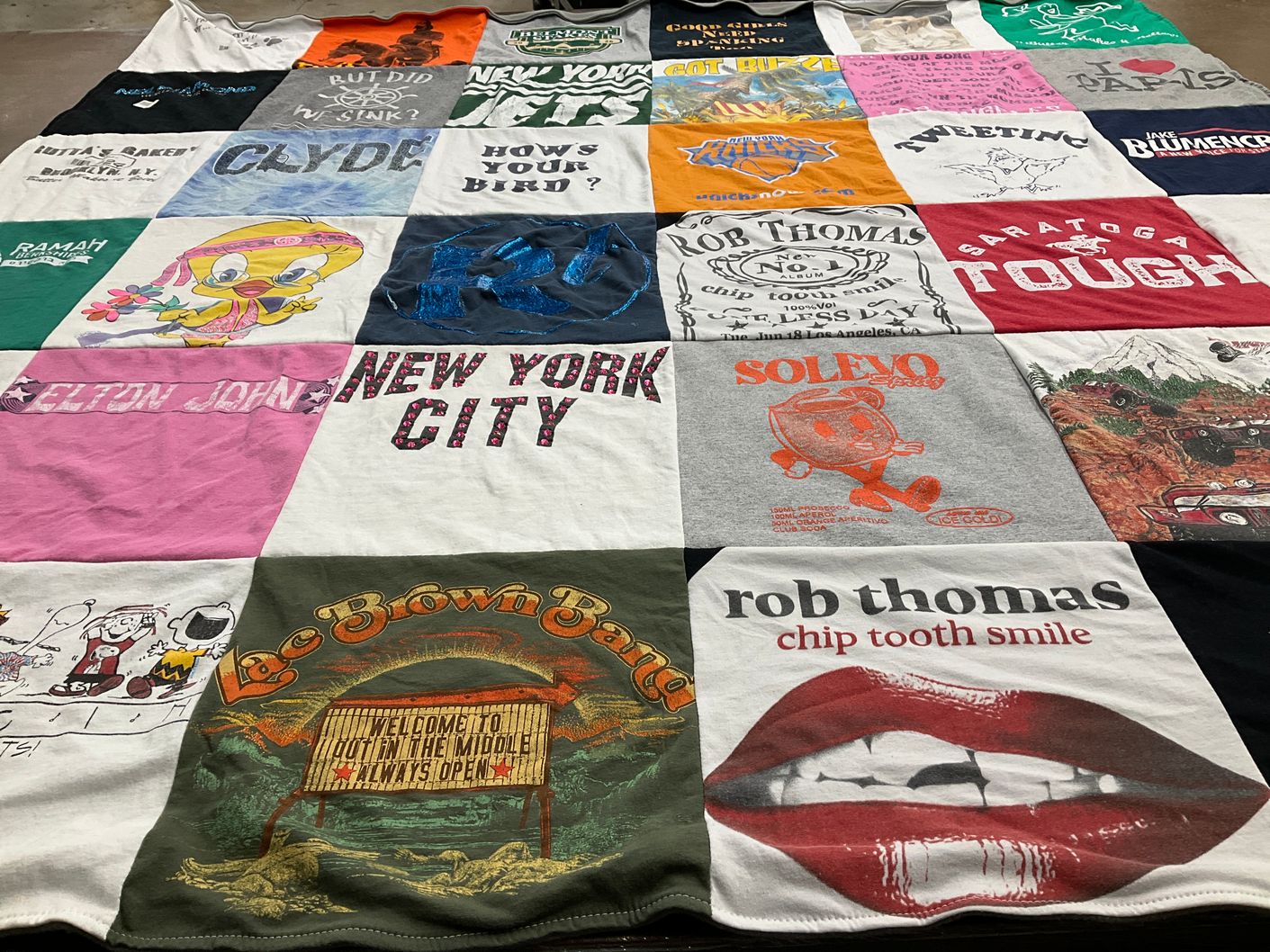 T-shirt quilt with music, pop culture themes by DORENE from NY