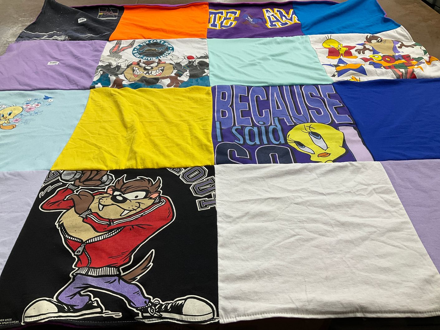 T-shirt quilt with cartoons, animation themes by Shari from WA
