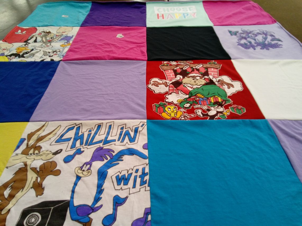 T-shirt quilt with cartoons, animation themes by Shari from WA