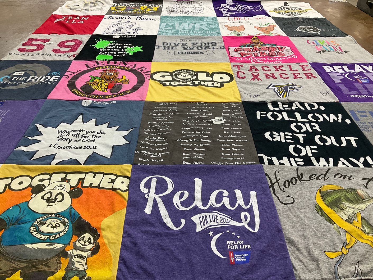 T-shirt quilt with cancer awareness, community support themes by Ella from VA