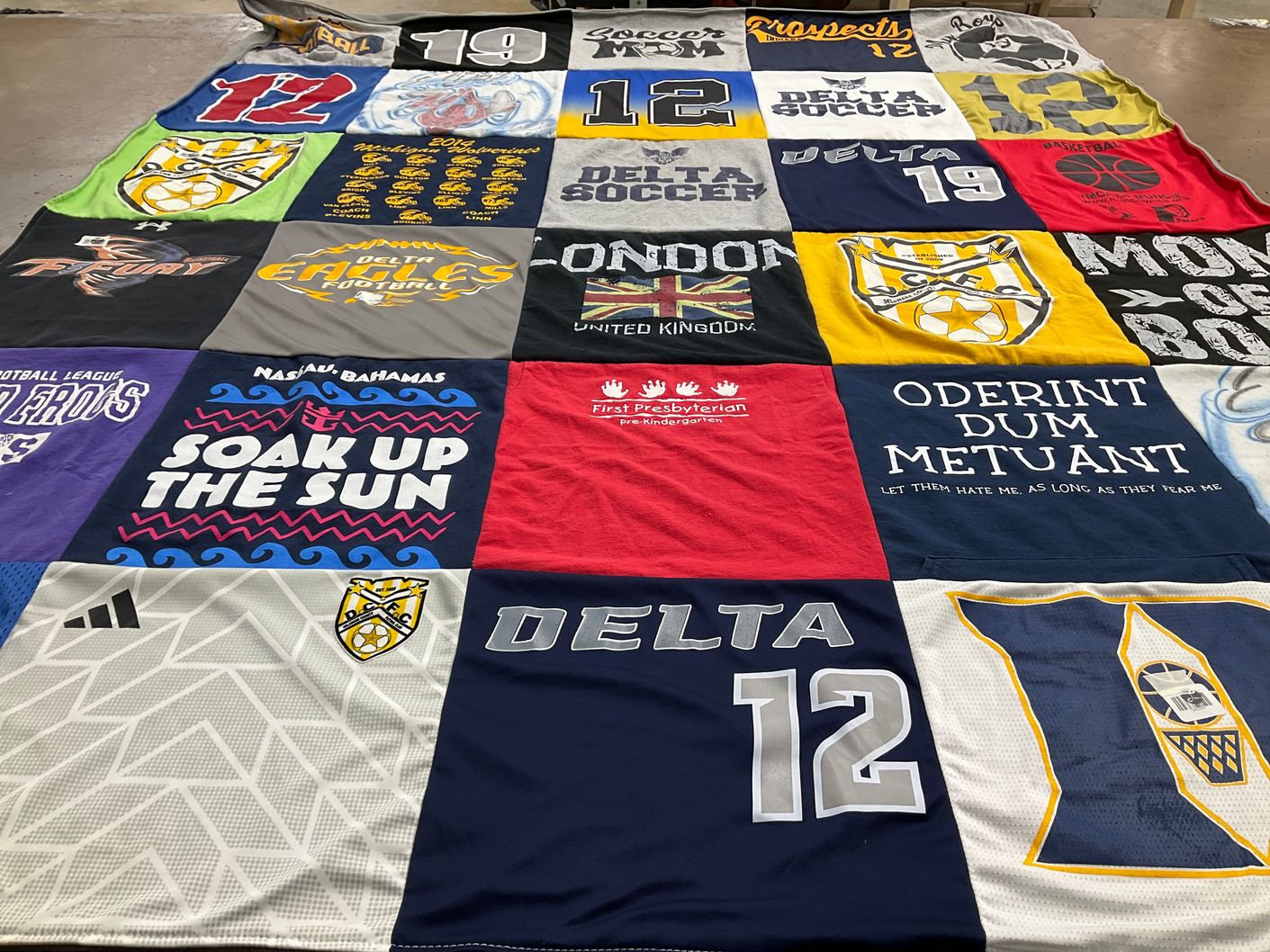 T-shirt quilt featuring delta eagles football, delta soccer by Teresa from IN