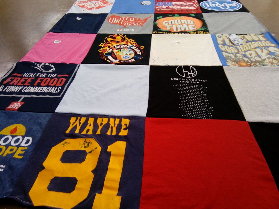 T-shirt quilt with food, music themes by Alice from MI