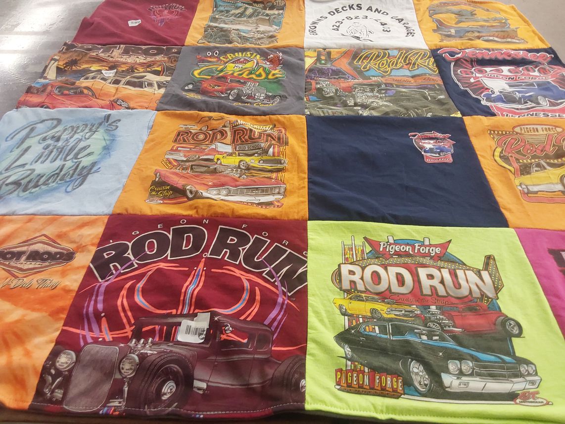 T-shirt quilt with cars, car shows themes by Pamela from TN