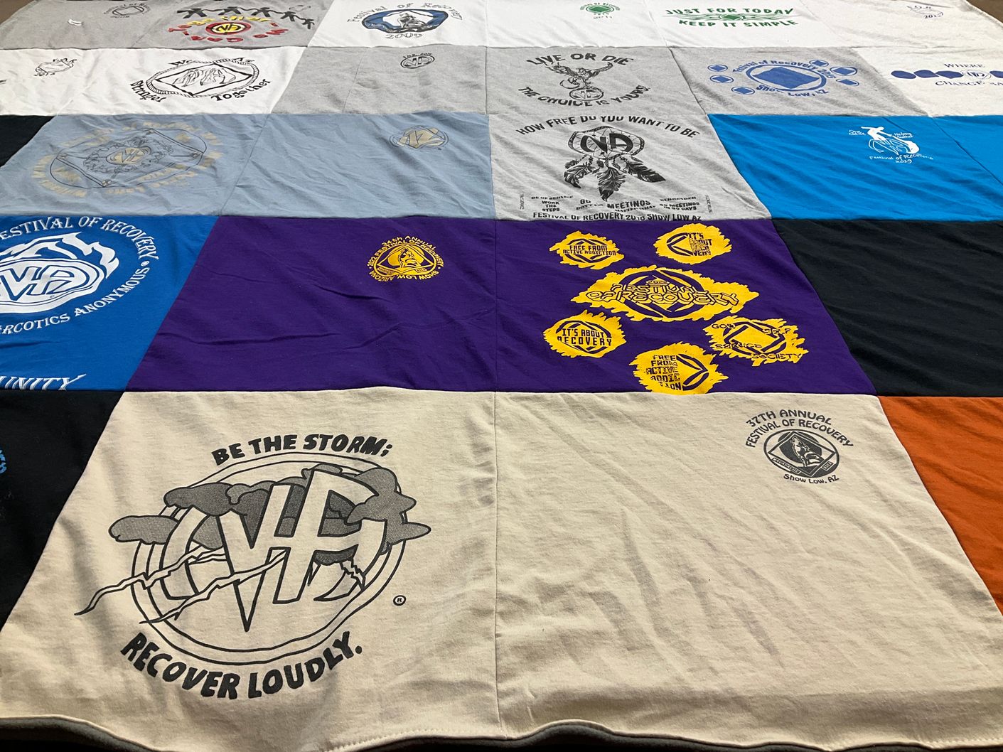 T-shirt quilt with recovery, support groups themes by Penny from AZ