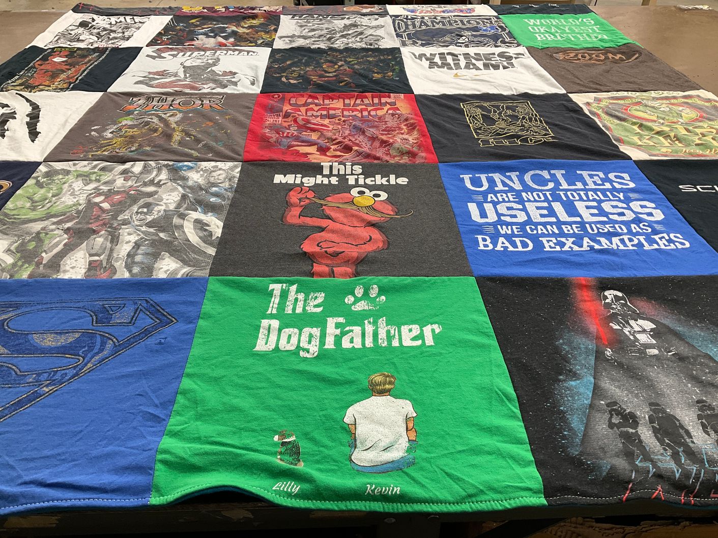 T-shirt quilt with superheroes, comics themes by Terri from FL