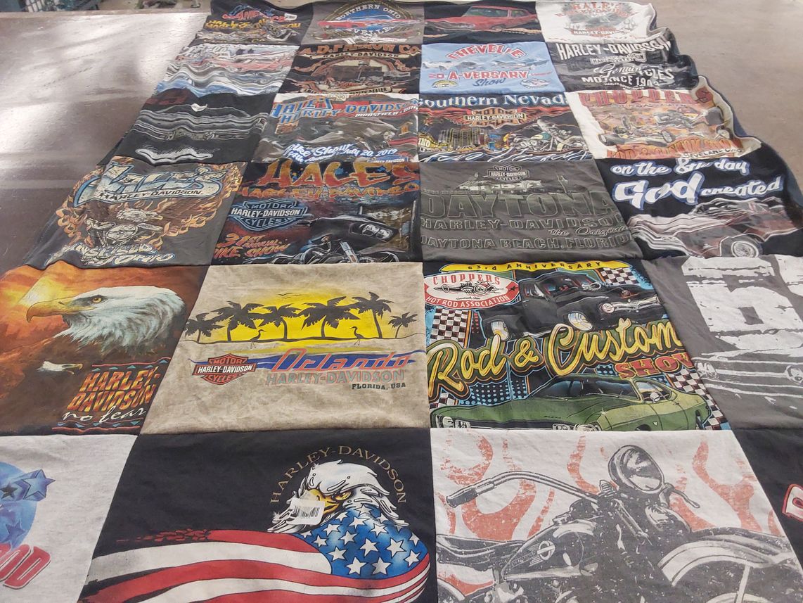 T-shirt quilt with motorcycles, biking themes by Keith from OH