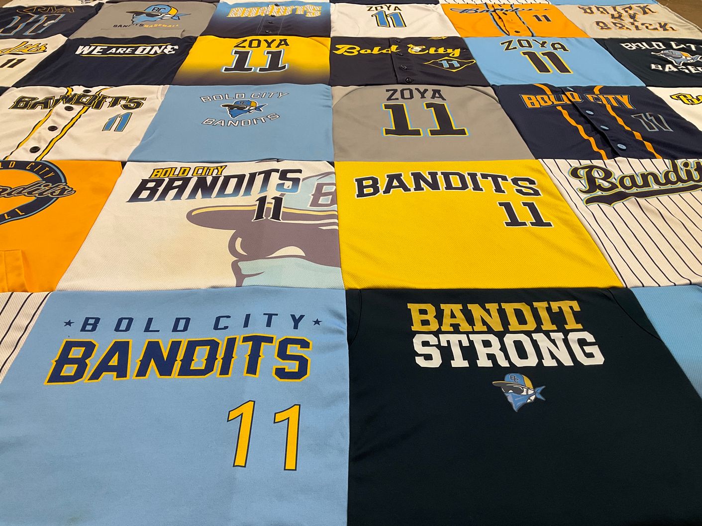 T-shirt quilt featuring bold city bandits by Alicia from FL