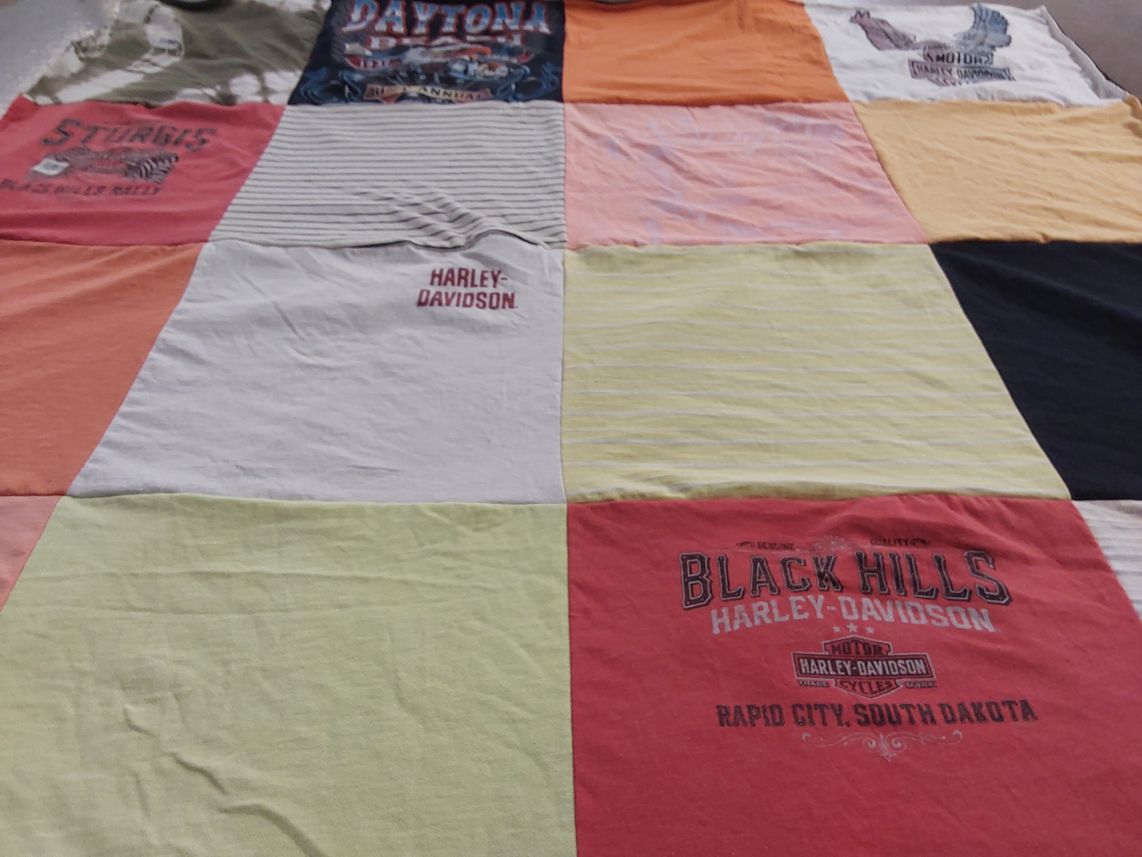T-shirt quilt with motorcycling, travel themes by Kendra from MN