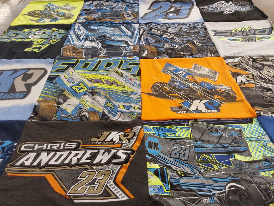 T-shirt quilt with car racing, motorsports themes by Rachel from OH