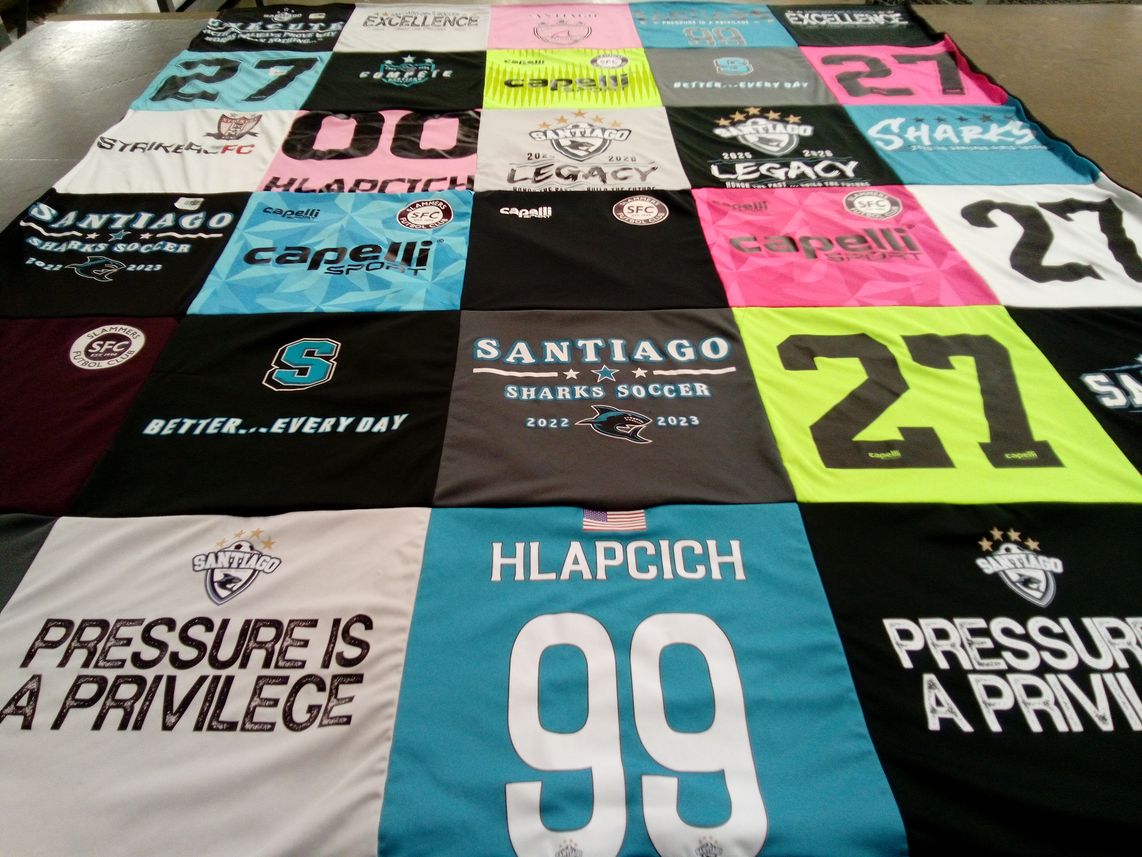 T-shirt quilt featuring santiago sharks soccer by Jamie from CA