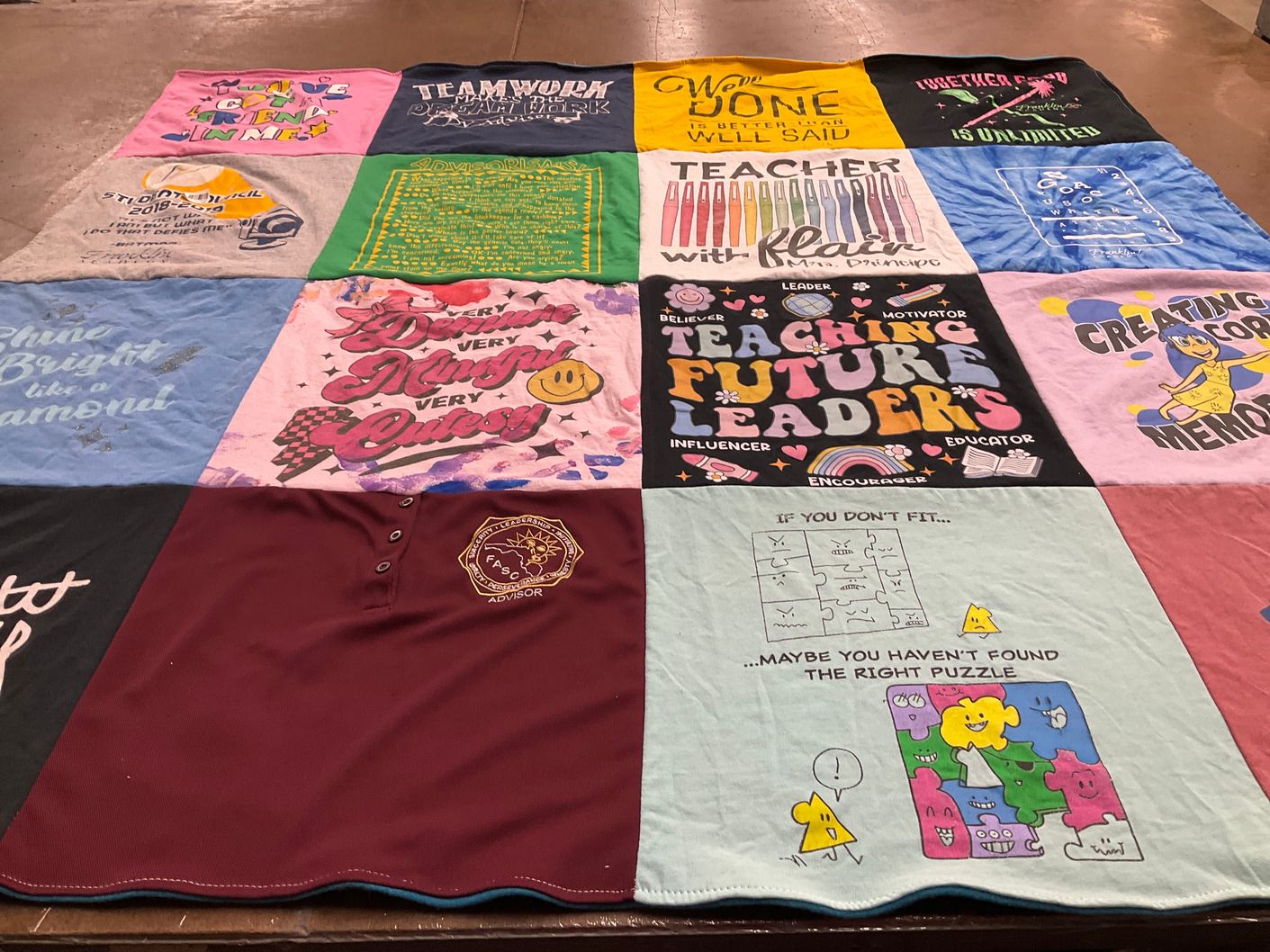 T-shirt quilt with education, teaching themes by Sarah from FL