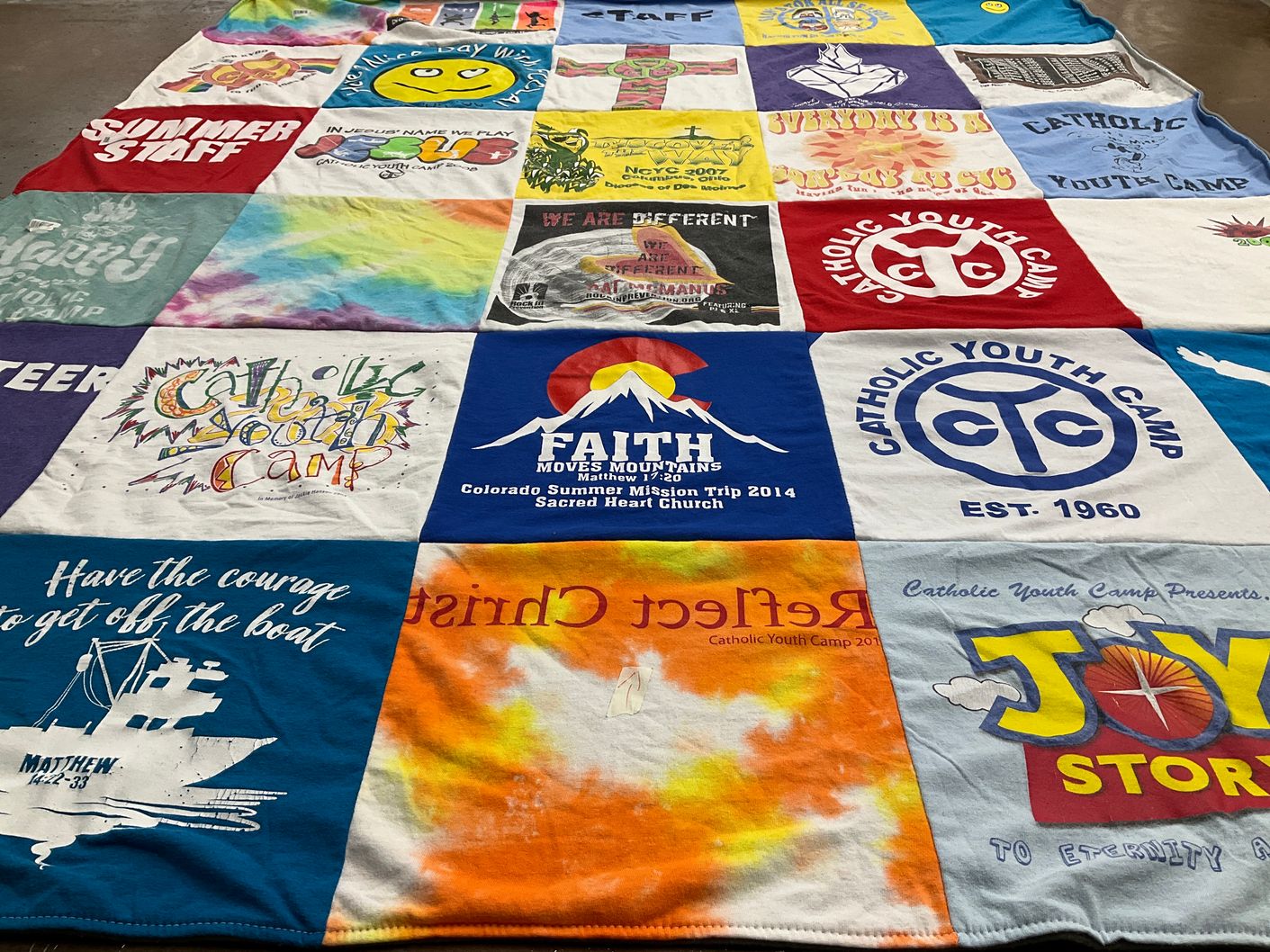T-shirt quilt with youth camps, religion themes by Keri from IA
