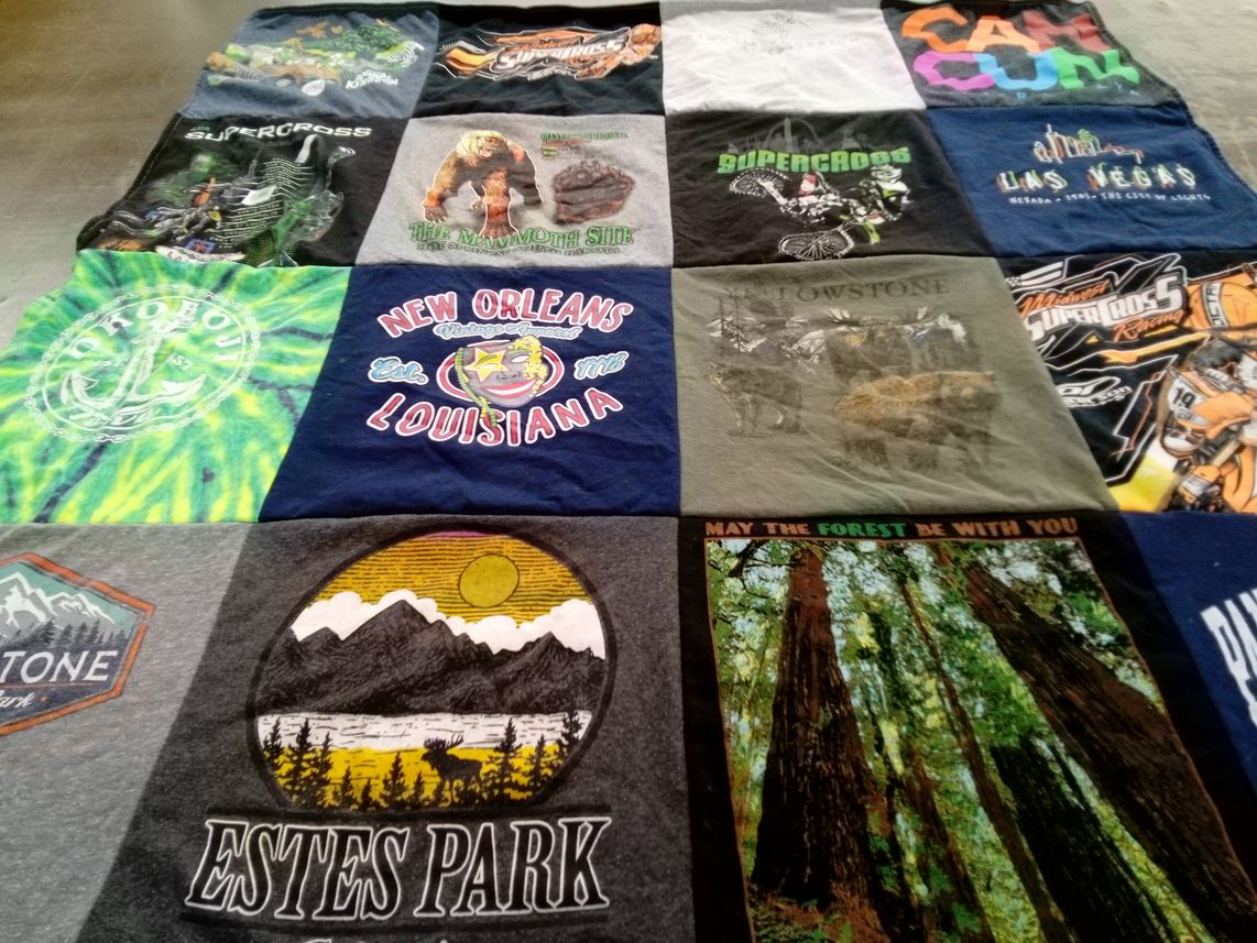 T-shirt quilt with outdoors, travel themes by Melissa from NE