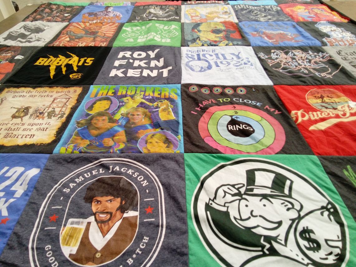 T-shirt quilt with comedy, pop culture themes by Jeramie from ND