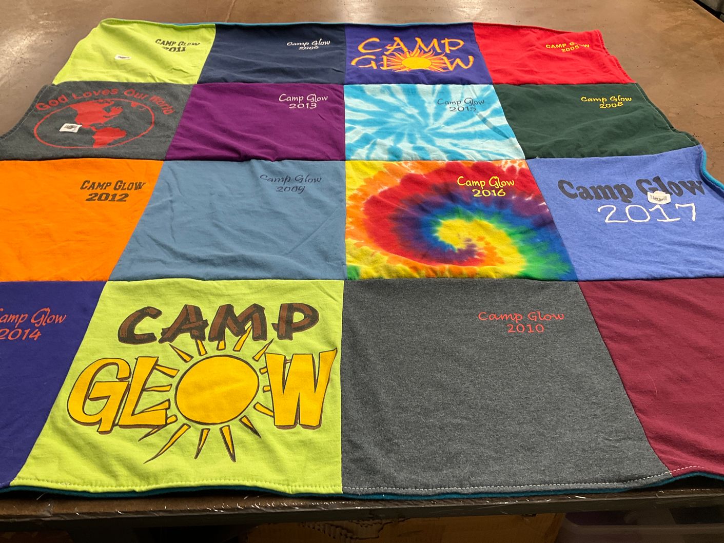 T-shirt quilt with camping, youth programs themes by Veronica from MD