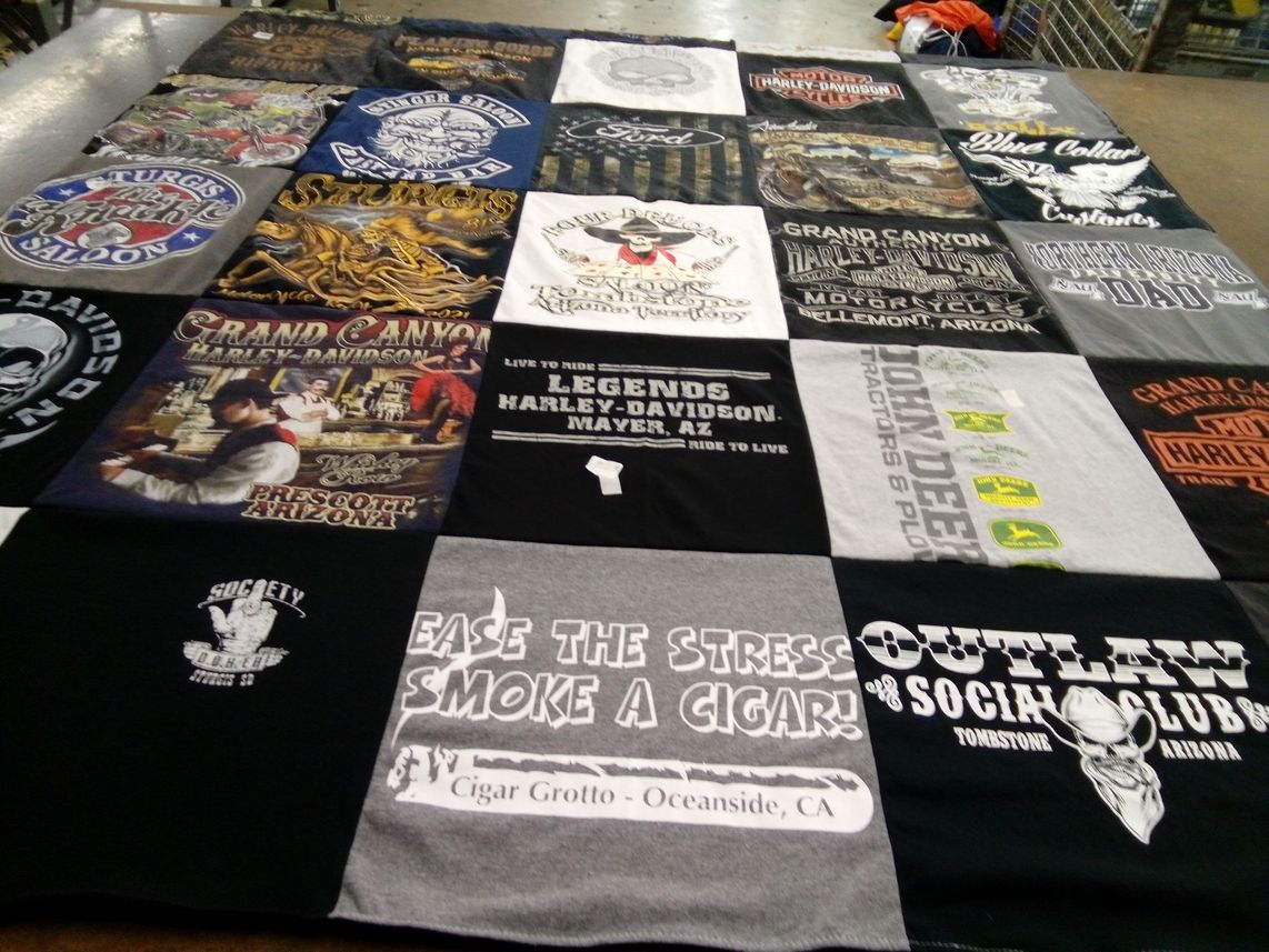 T-shirt quilt with motorcycles, cigars themes by Wendy from AZ
