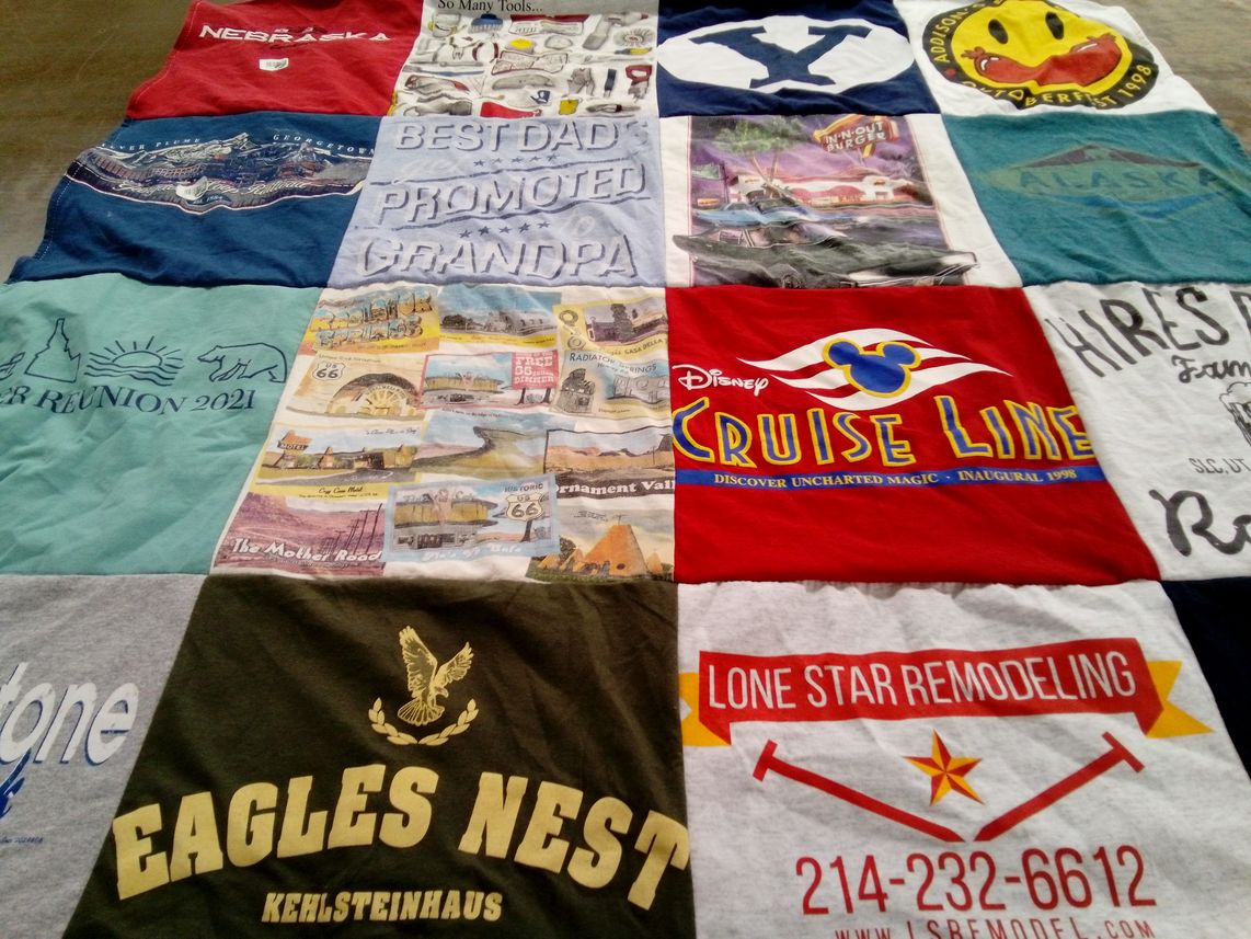 T-shirt quilt with family, travel themes by Karen from AR