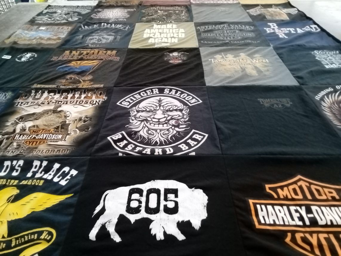 T-shirt quilt with motorcycling, bar culture themes by Wendy from AZ