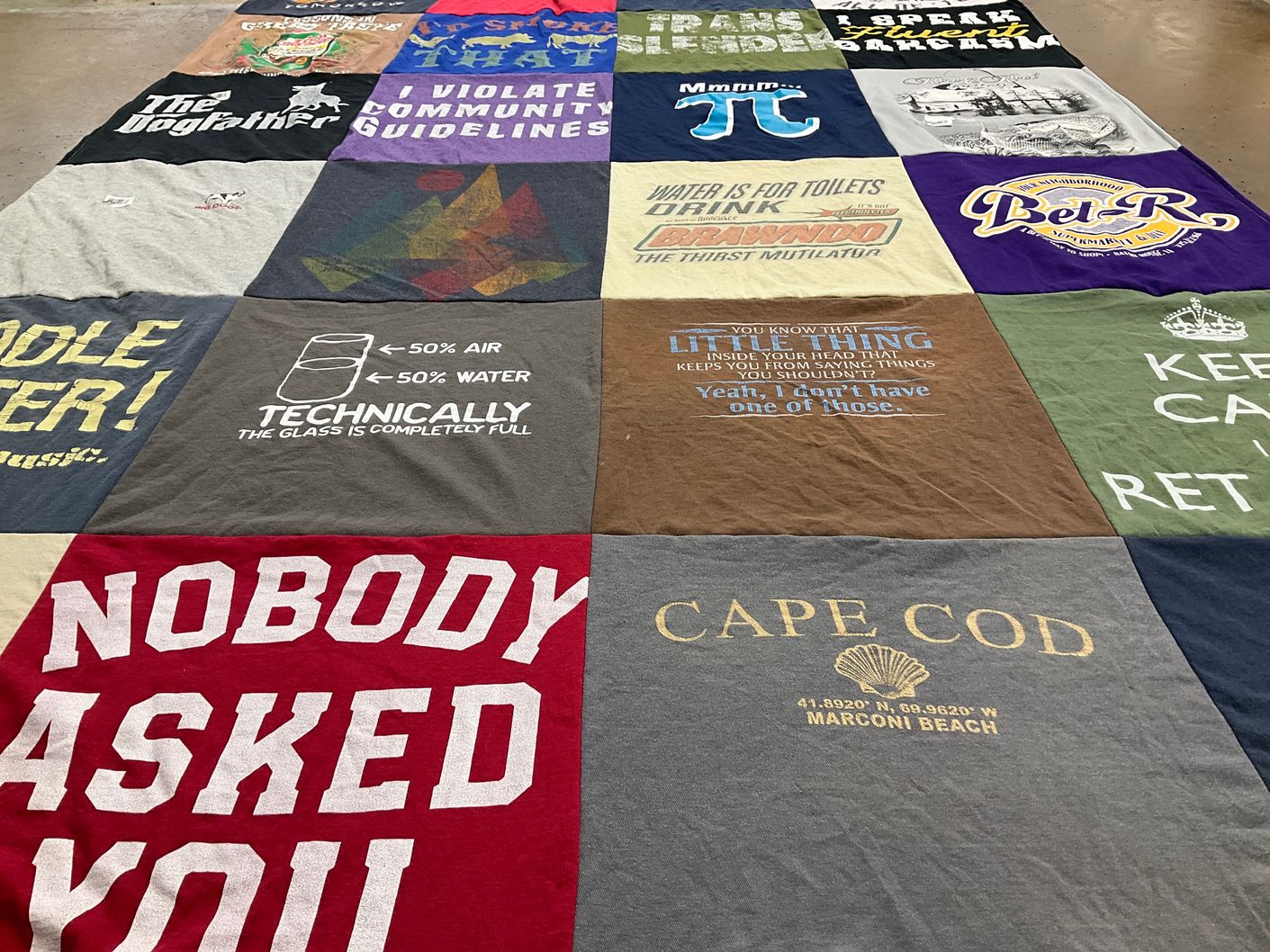 T-shirt quilt with humor, creativity themes by Morgan from LA