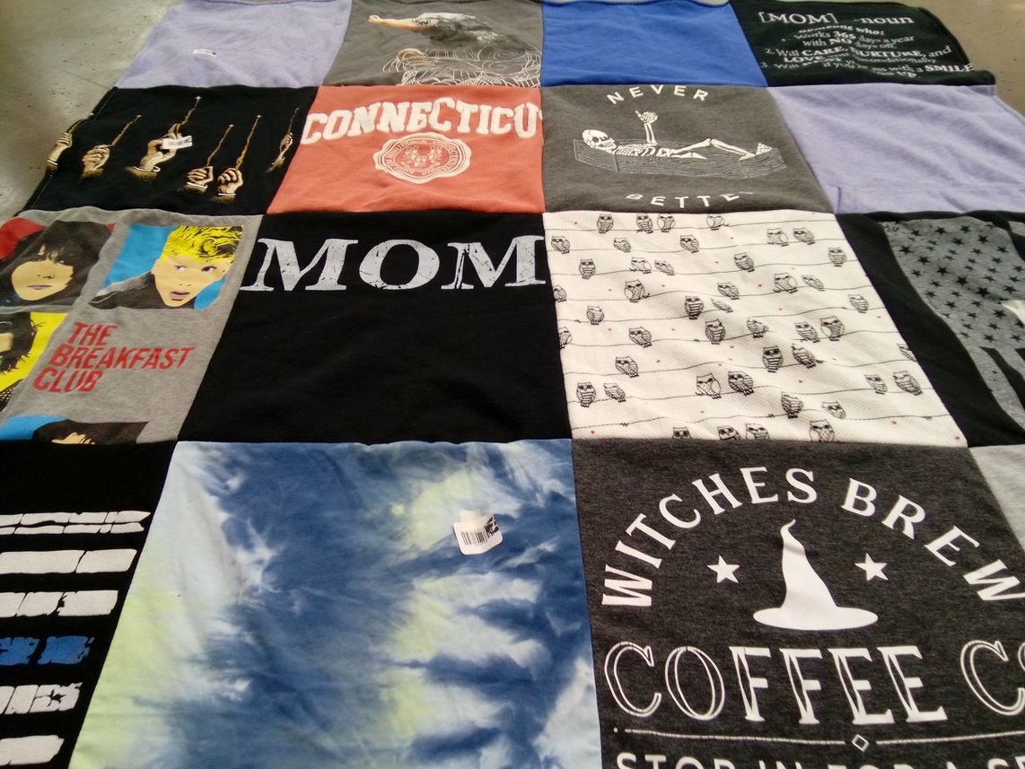 T-shirt quilt with movies, coffee themes by Maria from CT