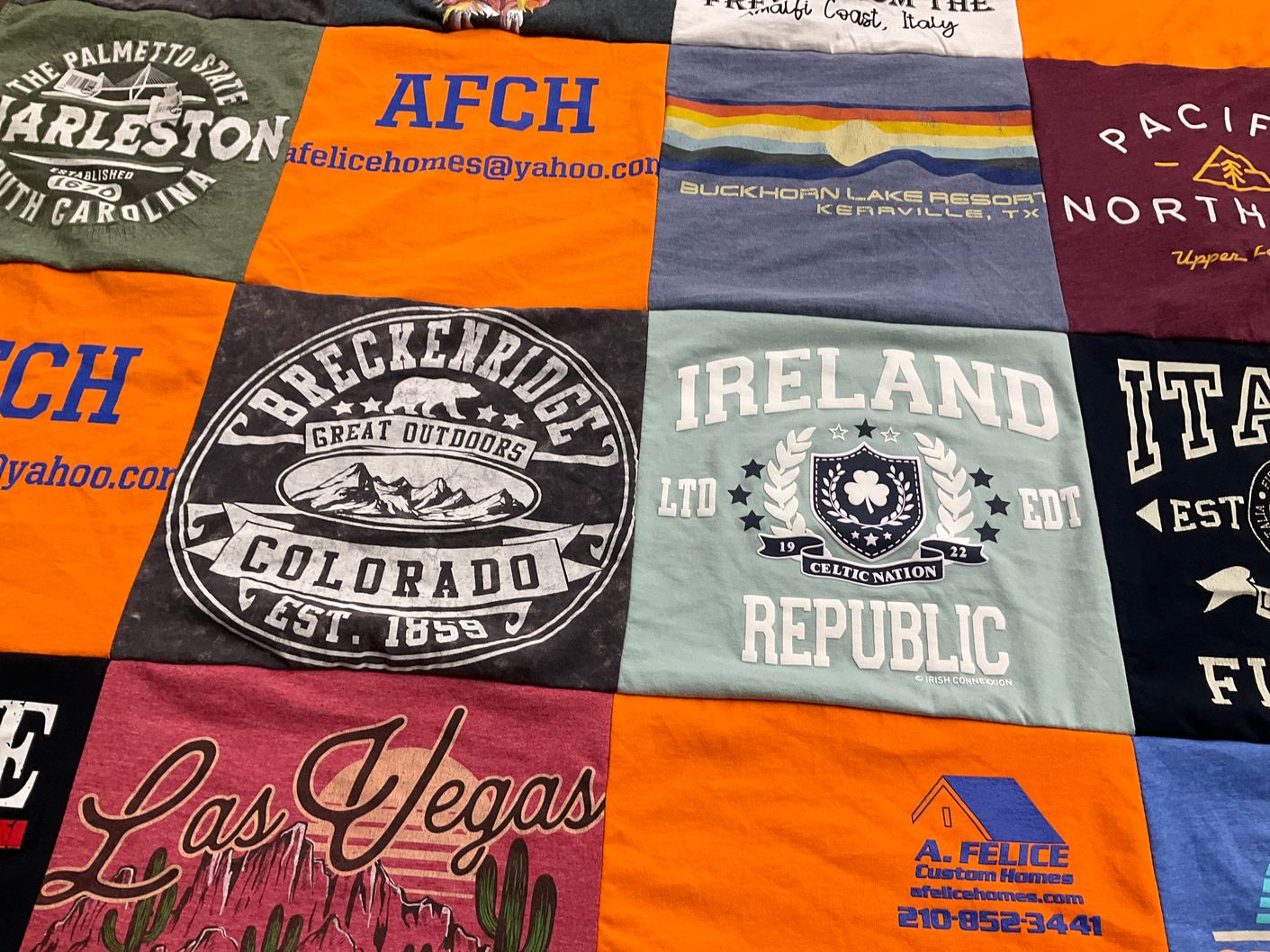 T-shirt quilt with travel, outdoors themes by SUSAN from TX