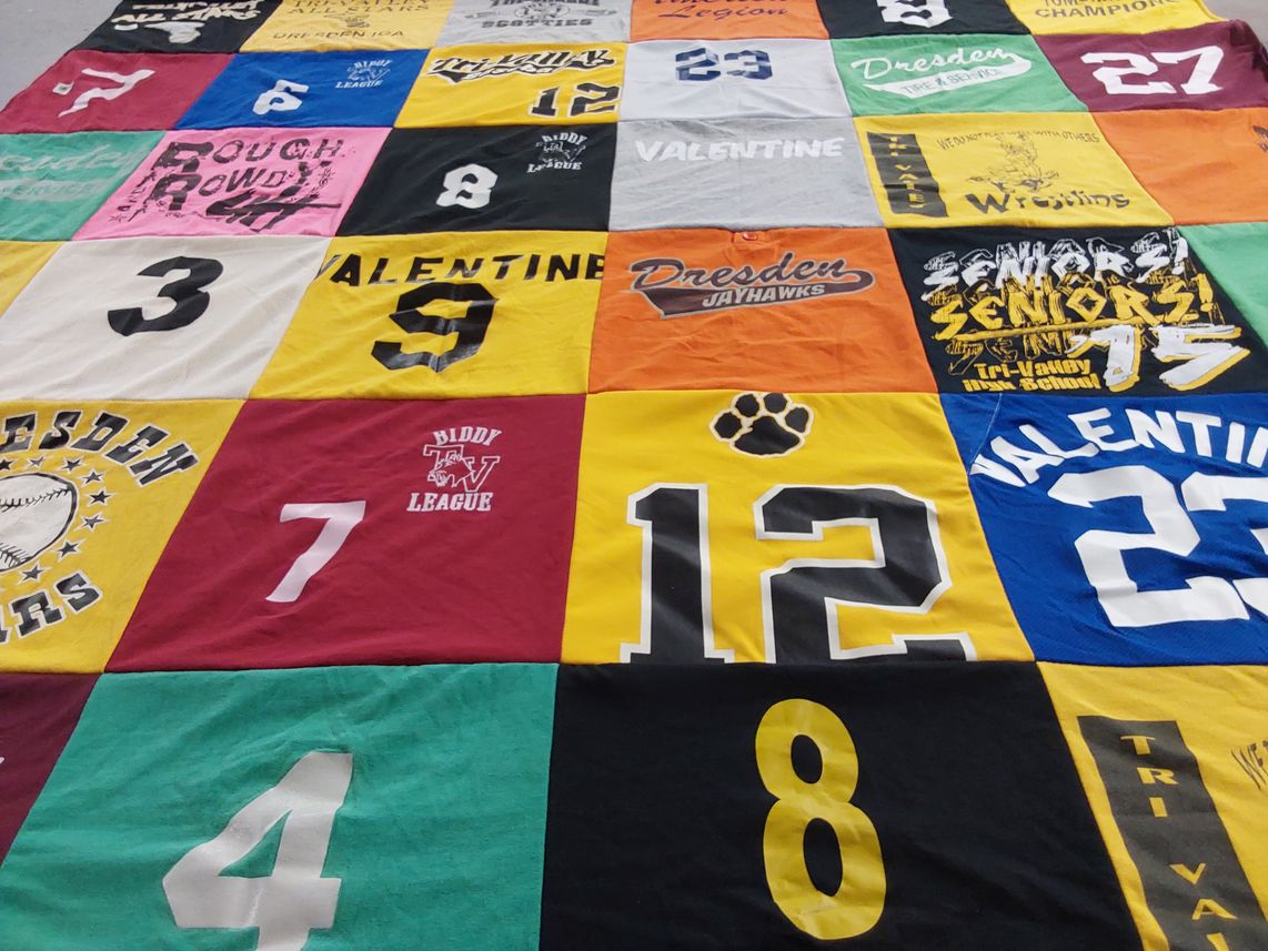 T-shirt quilt featuring dresden jayhawks, valentine high school teams by Kimberly from OH