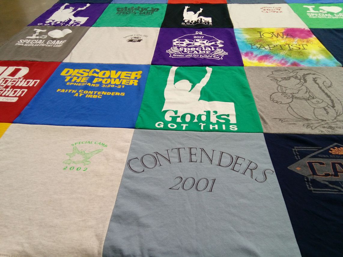 T-shirt quilt with faith, camps themes by Jessica from IA