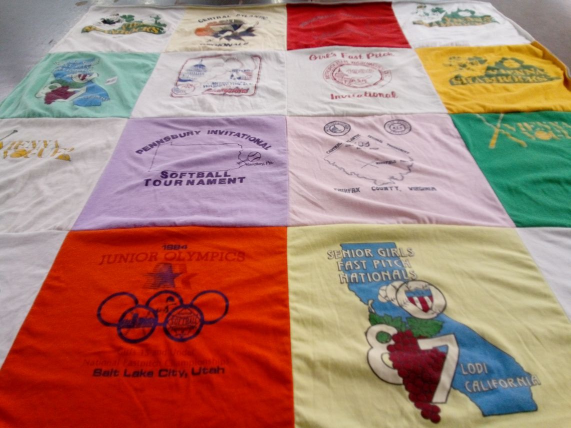T-shirt quilt with softball, sports themes by Jennifer from VA