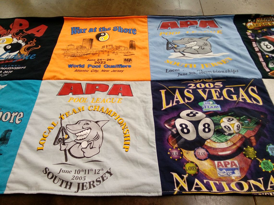 T-shirt quilt with pool, billiards themes by Frank from NJ