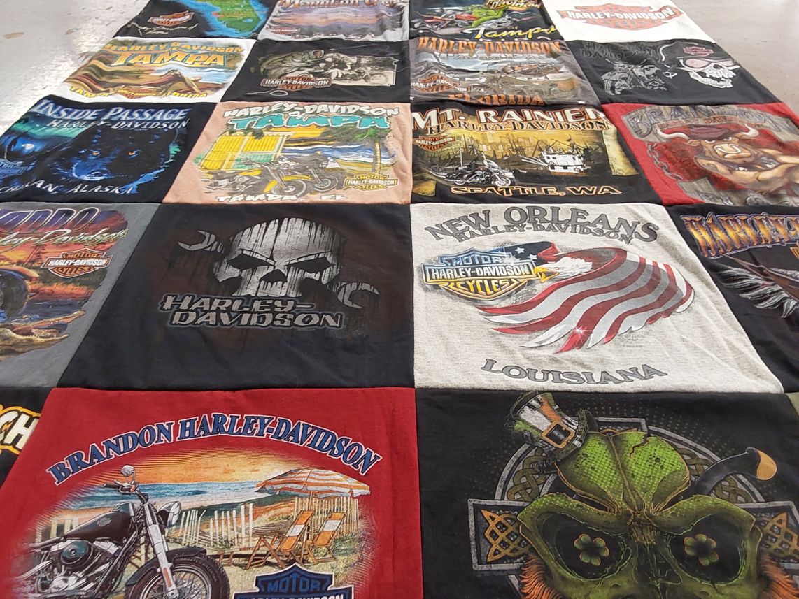 T-shirt quilt with motorcycles, biking themes by Eric from FL
