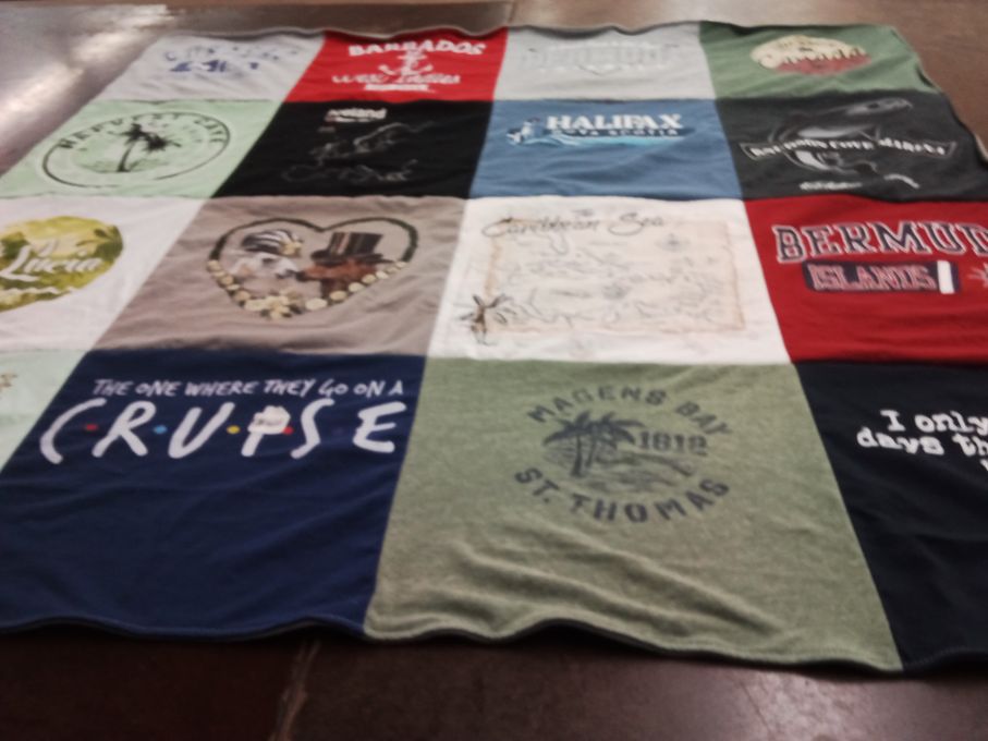 T-shirt quilt with travel, cruises themes by Patricia from NY