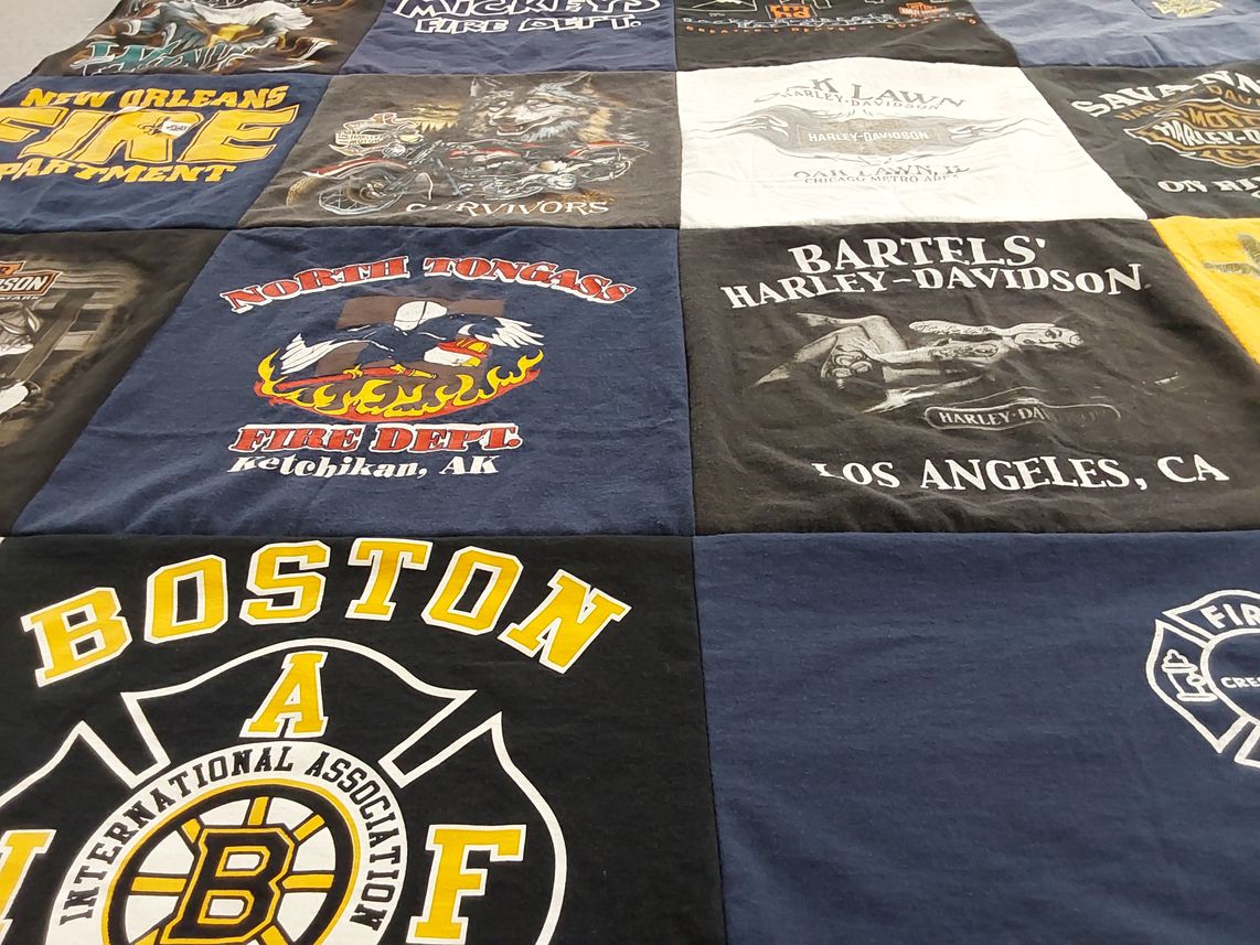 T-shirt quilt with firefighting, motorcycles themes by TAMMI from IL