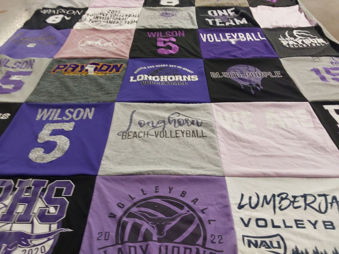 T-shirt quilt featuring longhorns volleyball, lady horns volleyball by Stacey from AZ