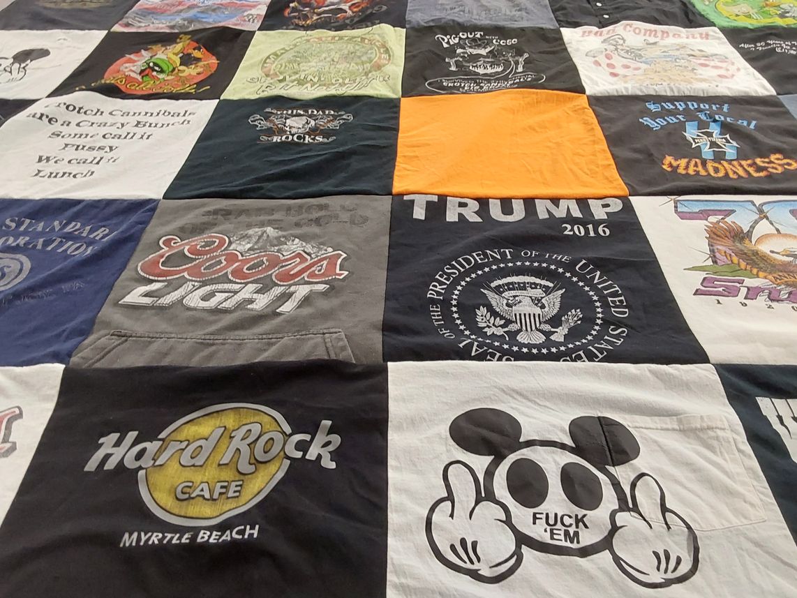 T-shirt quilt with politics, beverages themes by Christine from PA