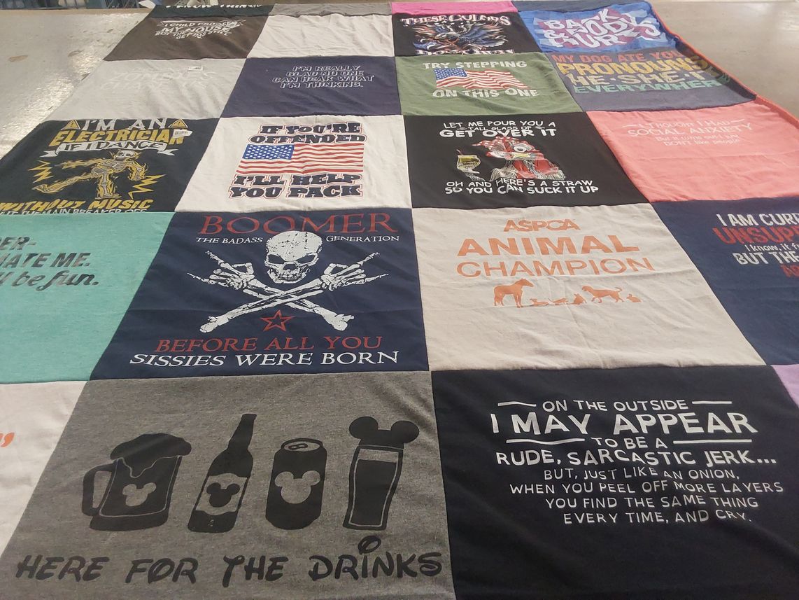 T-shirt quilt with animal welfare, humor themes by Tracey from AZ