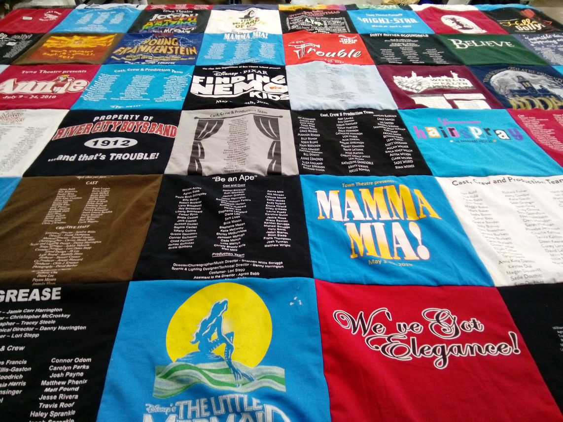 T-shirt quilt with theatre, musicals themes by Christy from SC