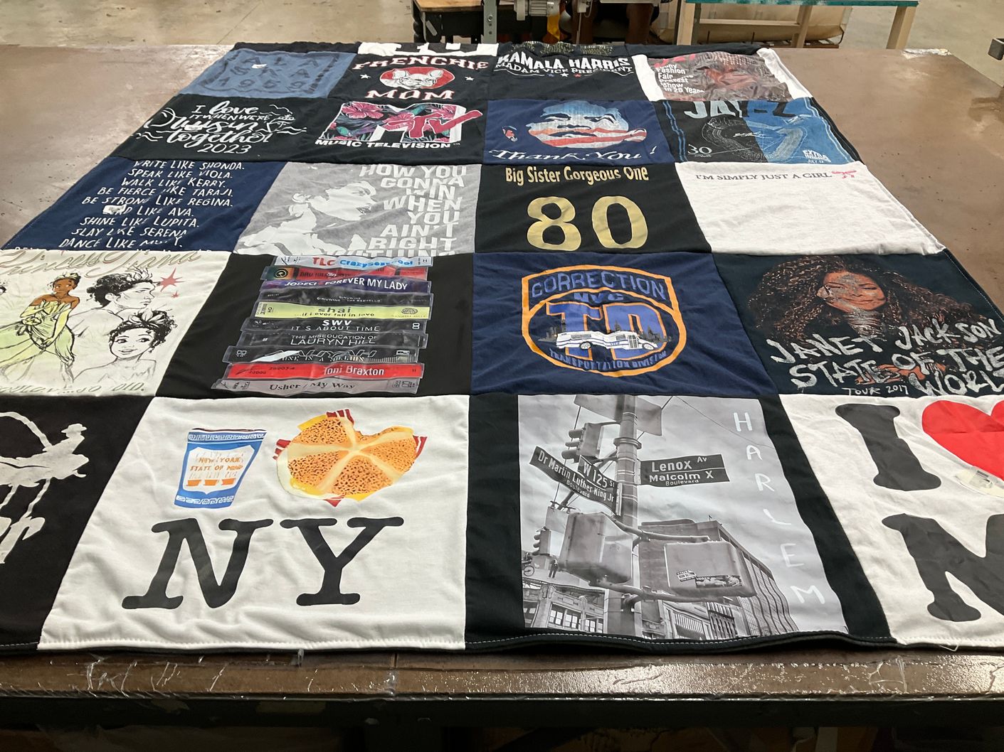 T-shirt quilt with music, television themes by Janarda from NY