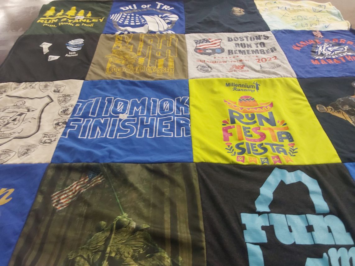 T-shirt quilt with running, marathons themes by Sarah from NH