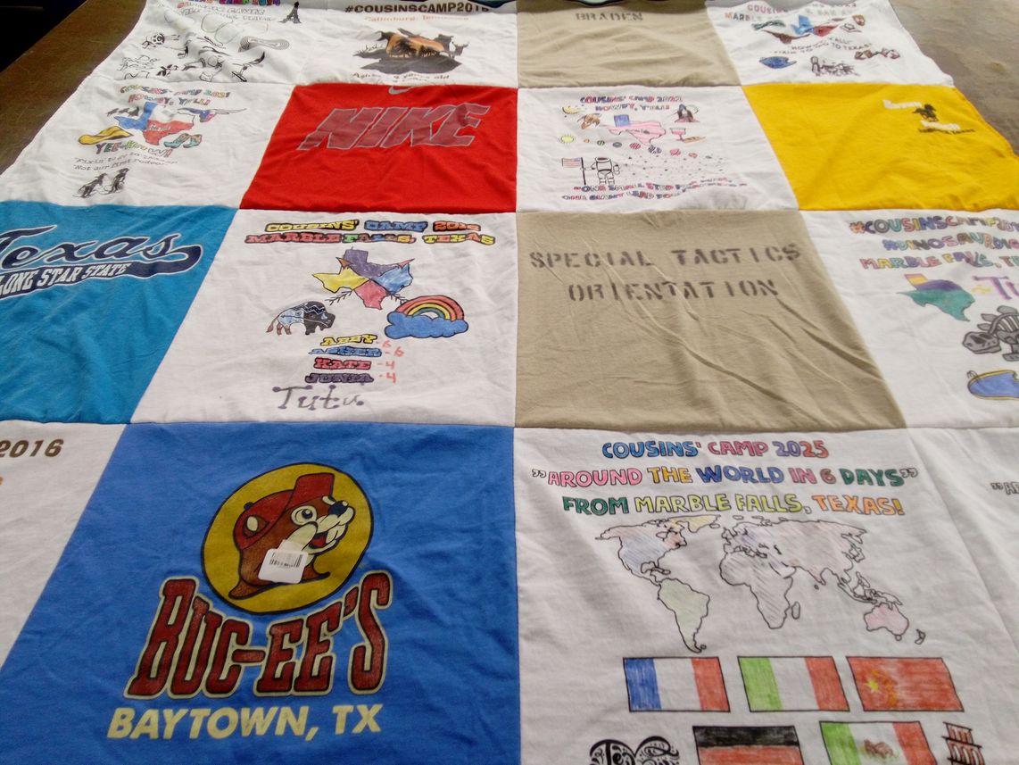 T-shirt quilt with camping, travel themes by Laura from TX