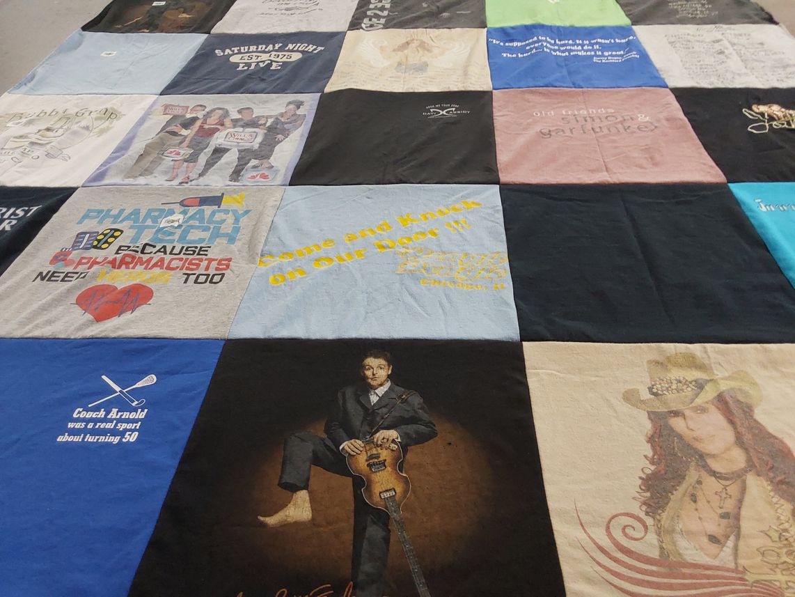 T-shirt quilt with music, pharmacy themes by Donna from MD