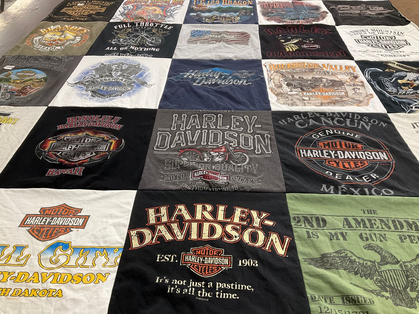 T-shirt quilt with motorcycles, biking themes by Linda from IN