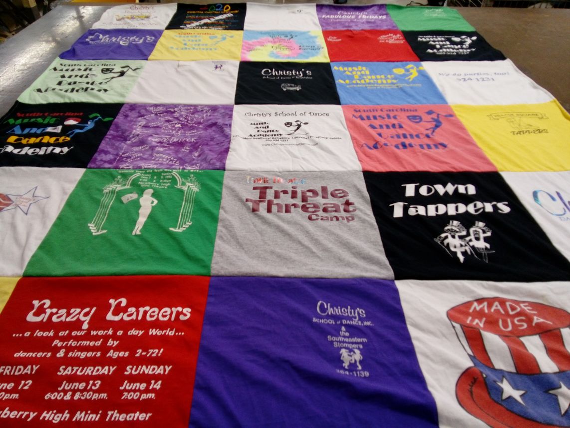T-shirt quilt with dance, theater themes by Amy from OK