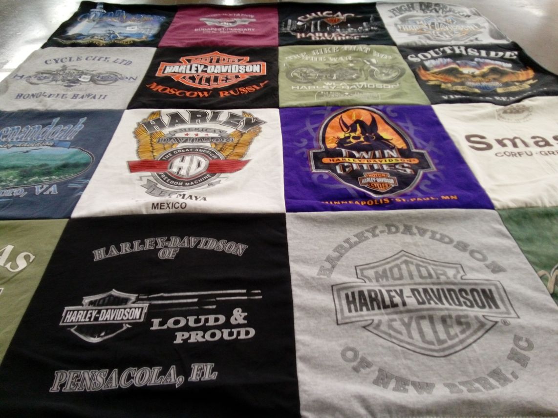 T-shirt quilt with motorcycles, biking themes by Theodore from MD
