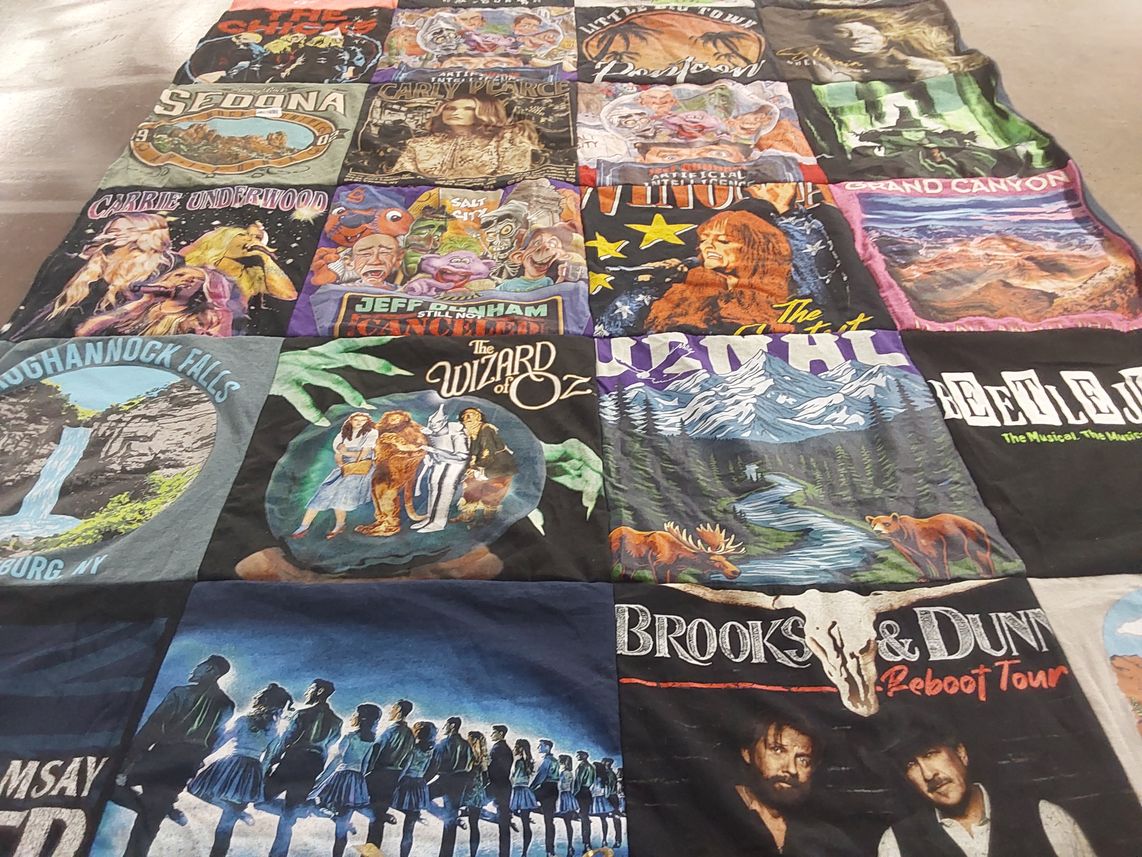 T-shirt quilt with music, theatre themes by Melody from NY