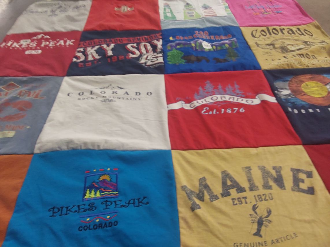 T-shirt quilt with travel, outdoors themes by Carrie from KS
