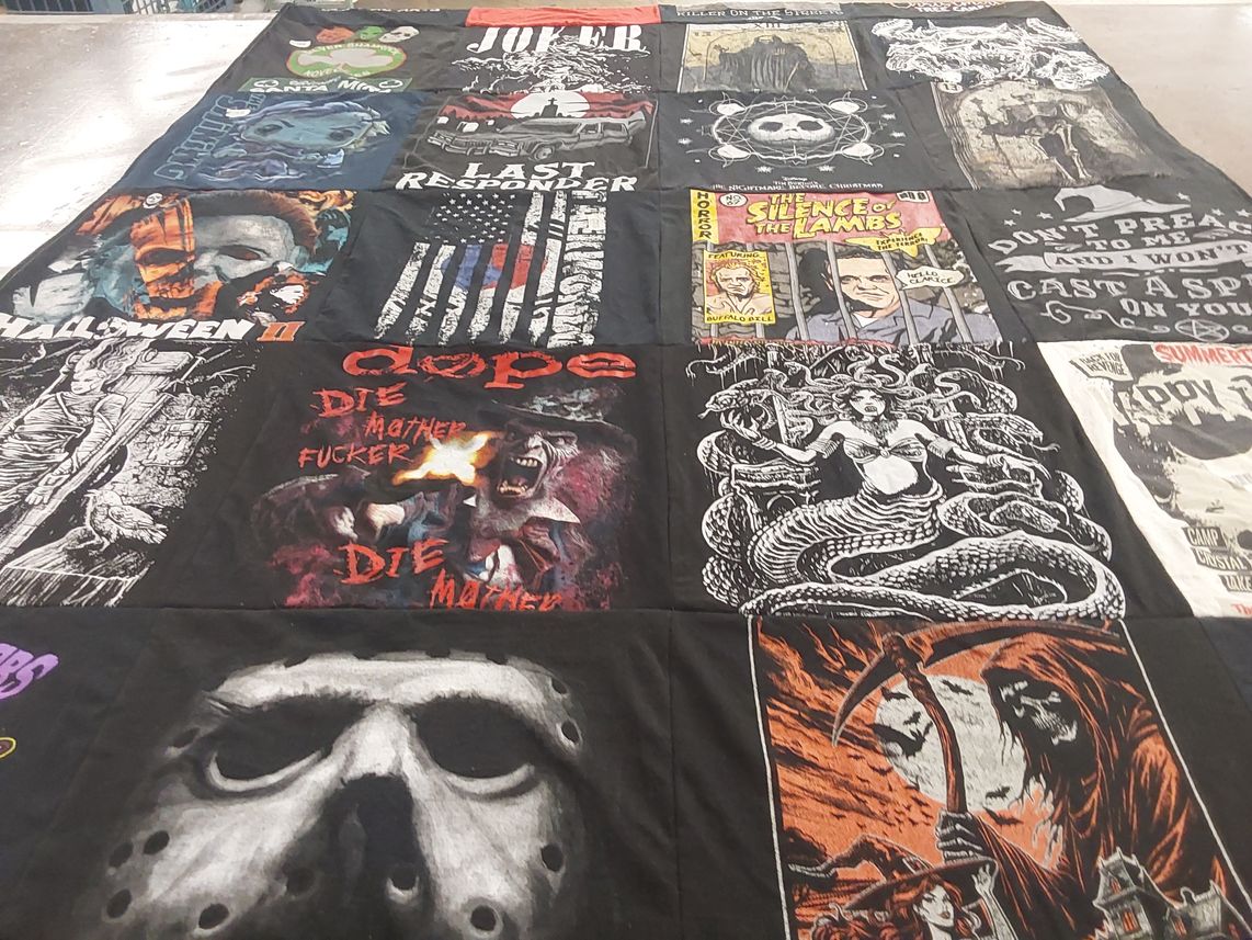 T-shirt quilt with horror movies, comics themes by Brandy from OH