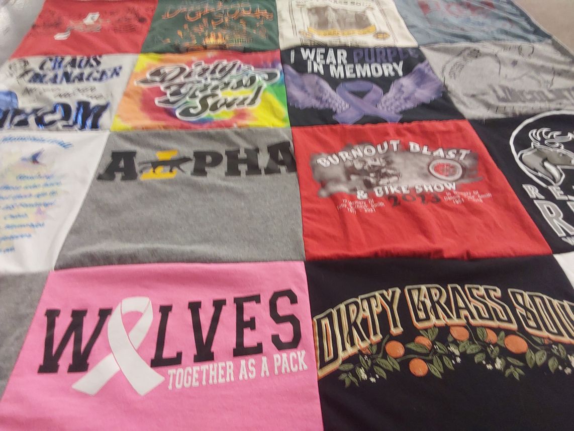 T-shirt quilt with motorcycles, biking themes by Jennifer from NC