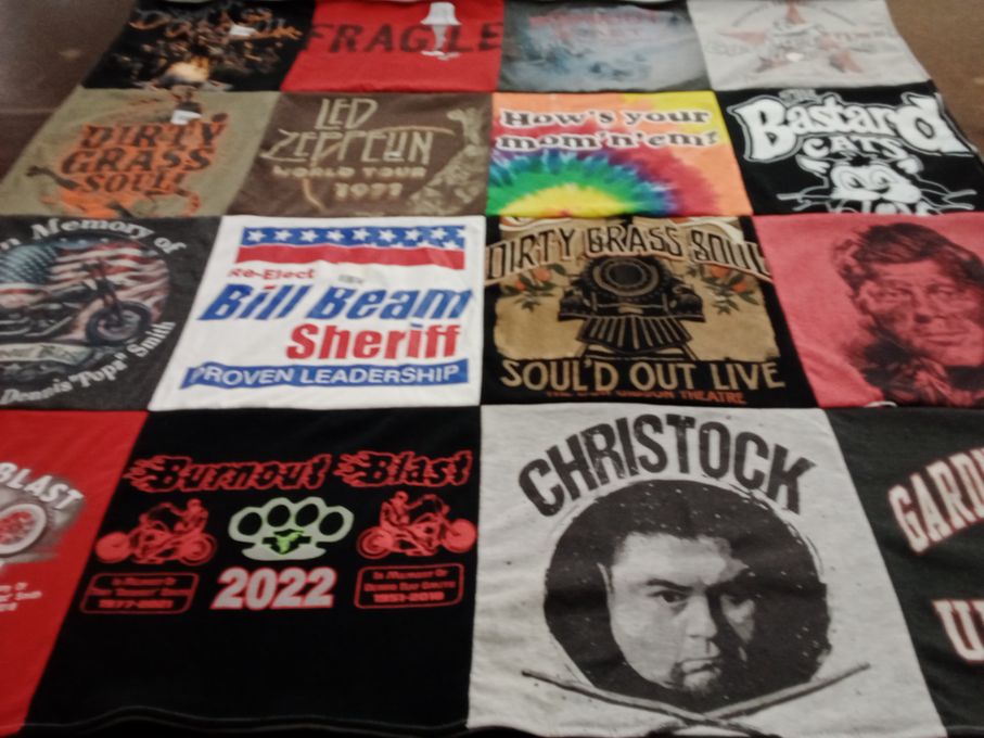 T-shirt quilt with music, motorcycles themes by Jennifer from NC