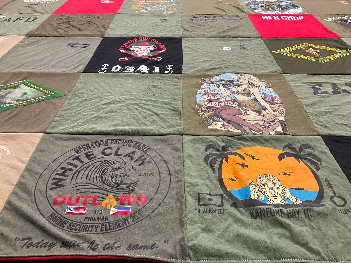 T-shirt quilt with military, marine corps themes by Tanner from TN